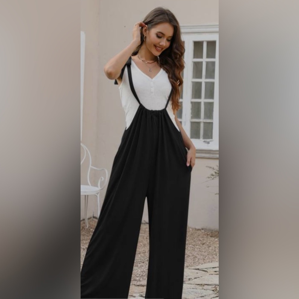 Merokeety Loose Jumpsuit Overalls Adjustable Strap Wide Leg Romper with Pockets